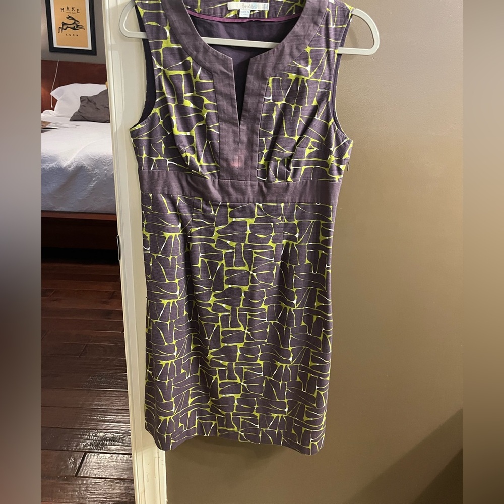 Size 8 Boden purple & green print sheath dress